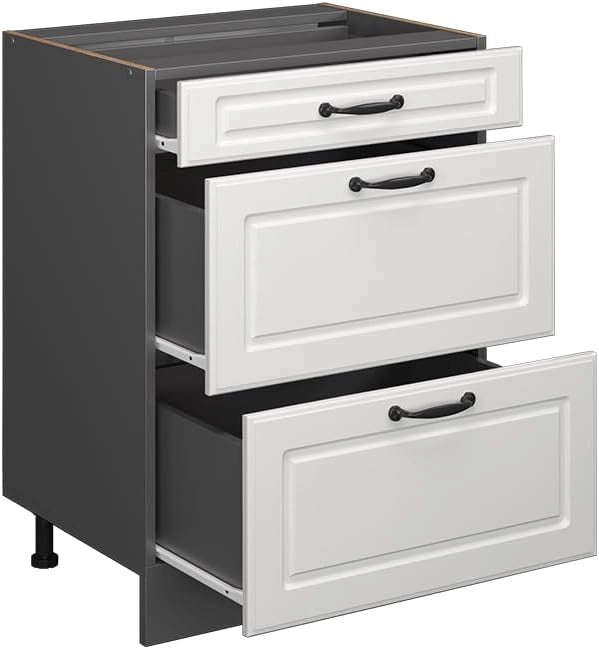 Mobiletto base per cucina R-Line, Bianco casa di campagna, 60 cm con cassetti, senza piano di lavoro, per la libera combinazione all'interno di sistemi cucina modulari