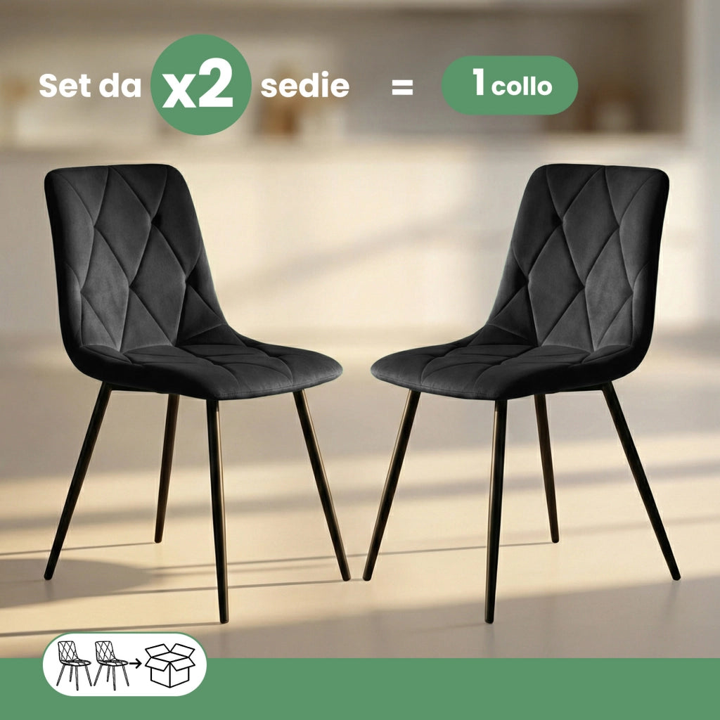 Set di 2 Sedie in velluto trapuntate MILO Nero gambe nere