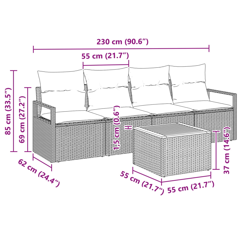 Set Divano da Giardino a 5 Pezzi con Cuscini Grigio Polyrattan Acacia