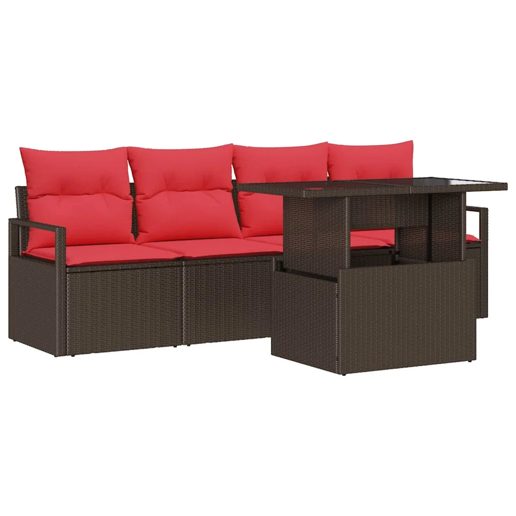 Set Divano da Giardino 5 pcs Marrone e Rosso polyrattan