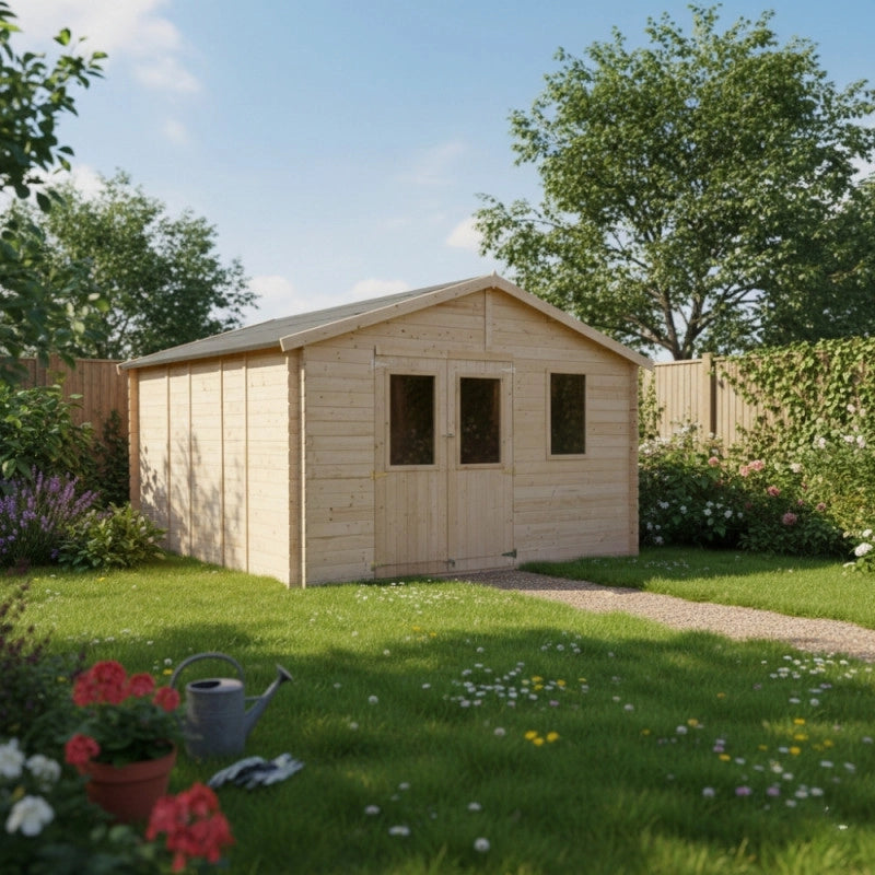 Casetta in legno da giardino 396x494 cm - Pareti 25 mm - Porta doppia finestrata - Tetto OSB - Abete naturale