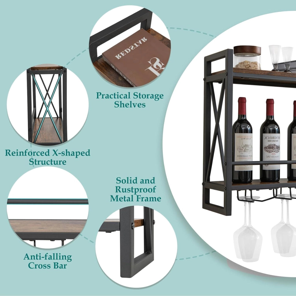 Scaffale per vino da parete, scaffale per bottiglie in legno con telaio metallico, scaffale decorativo da parete con portabicchieri per bicchieri, portabottiglie per bar, cucina, soggiorno