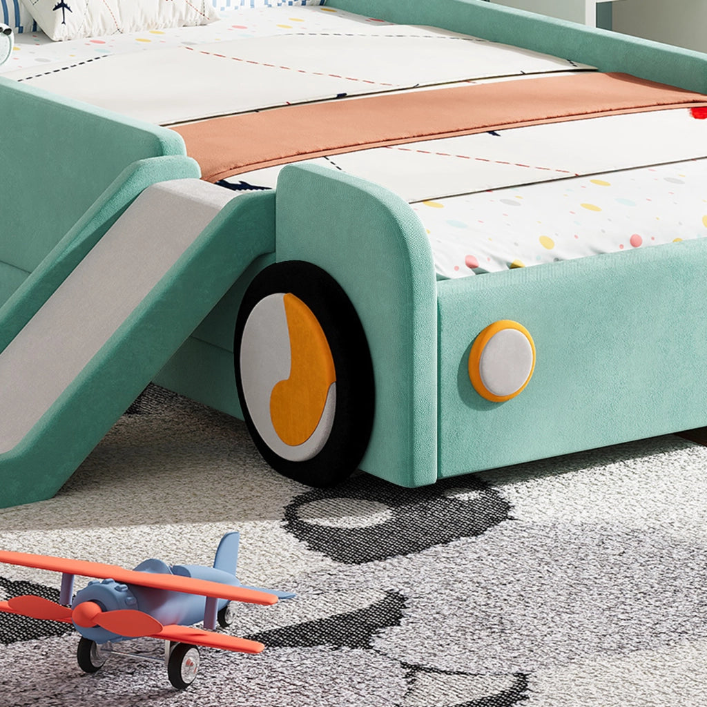 DESMIU Letto Bambino 90 × 200 cm con scivolo e scala, senza materasso, in velluto blu verde