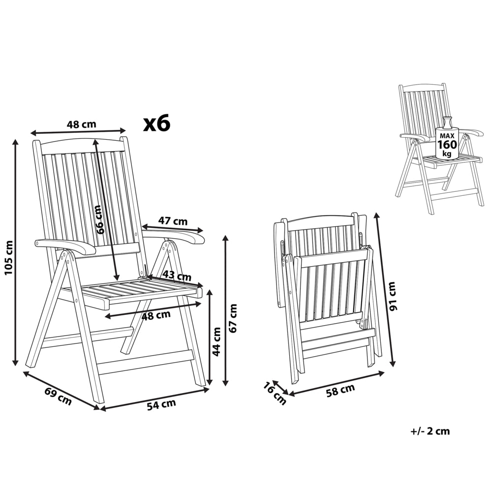 Set di 6 sedie da giardino in legno di acacia chiaro pieghevole in stile rustico resistente ai raggi UV