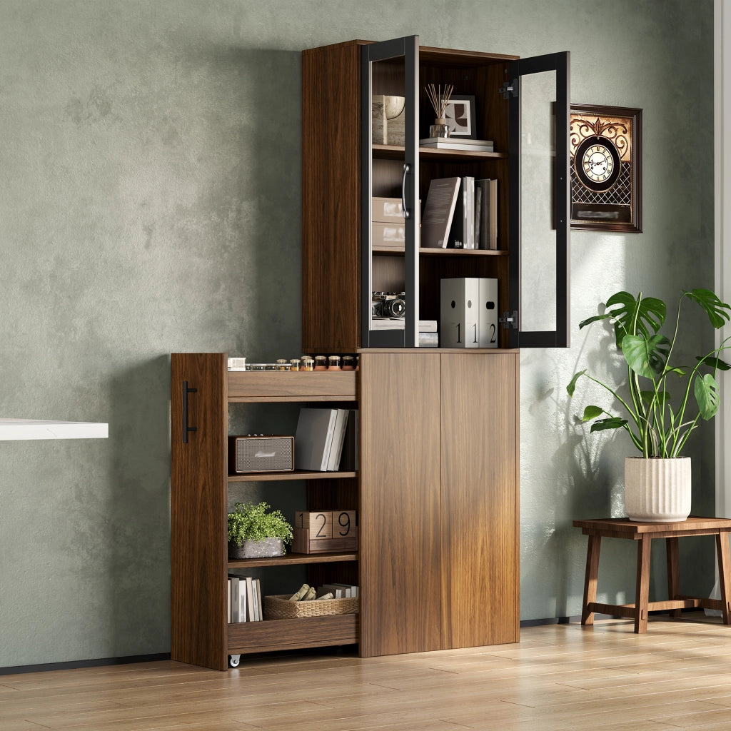 Mobile dispensa stretto 60×30×180 cm con ante in vetro, carrello estraibile e 4 ripiani