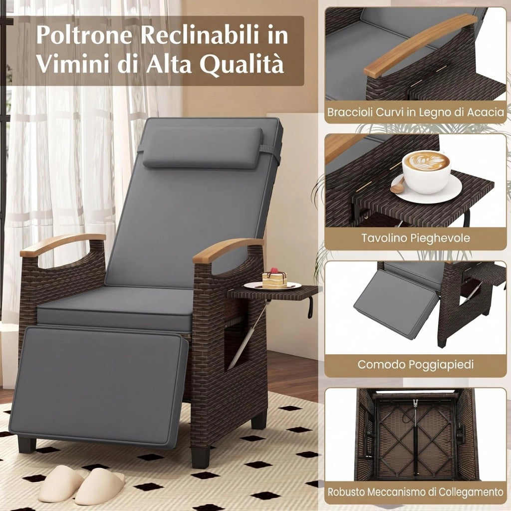 Poltrona Reclinabile da Giardino, Sedia Relax Esterno in Rattan con Schienale Regolabile a 150°, Poggiapiedi e Tavolino Pieghevole, Portata 180 kg, per Patio, Cortile e Terrazzo (Grigio,1)