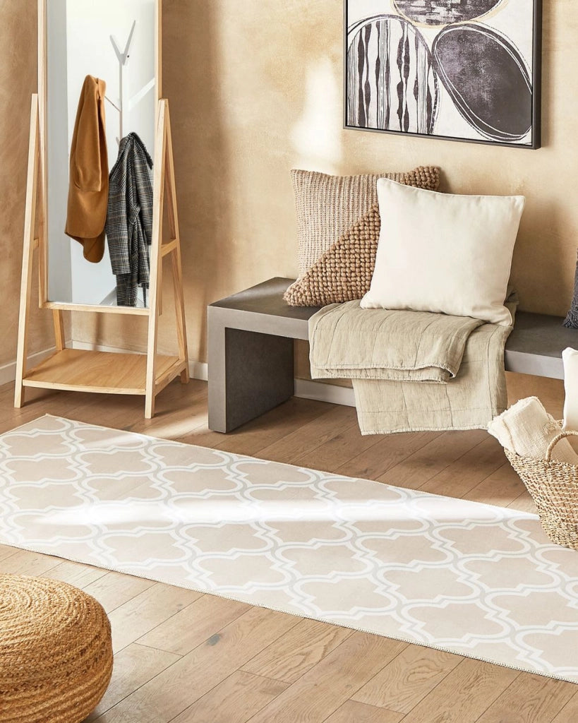 Tappeto passatoia beige poliestere 80 x 300 cm orientale quadrifoglio motivo soggiorno camera da letto decorazioni