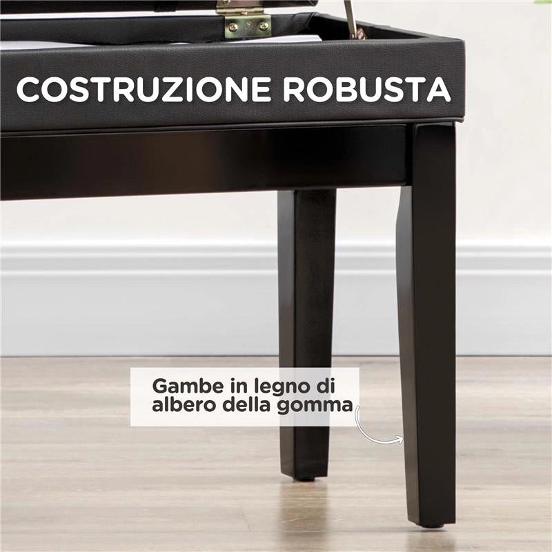 SGABELLO PER PIANOFORTE CON ALTEZZA REGOLABILE E CONTENITORE IN LEGNO E FINTA PELLE, 63X35X46-56CM, NERO