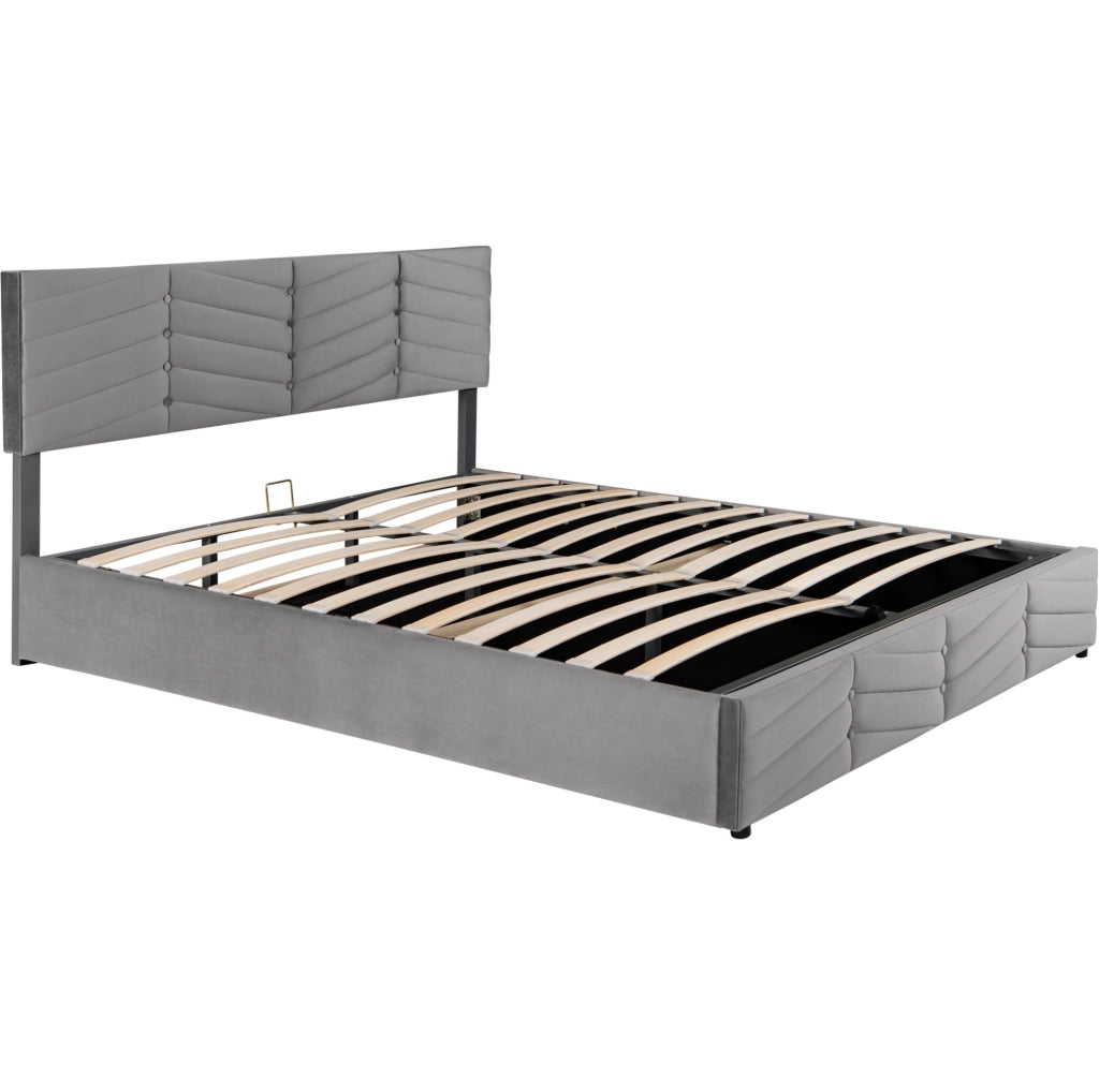 Letto matrimoniale 160x200 cm in velluto grigio con contenitore e testiera regolabile