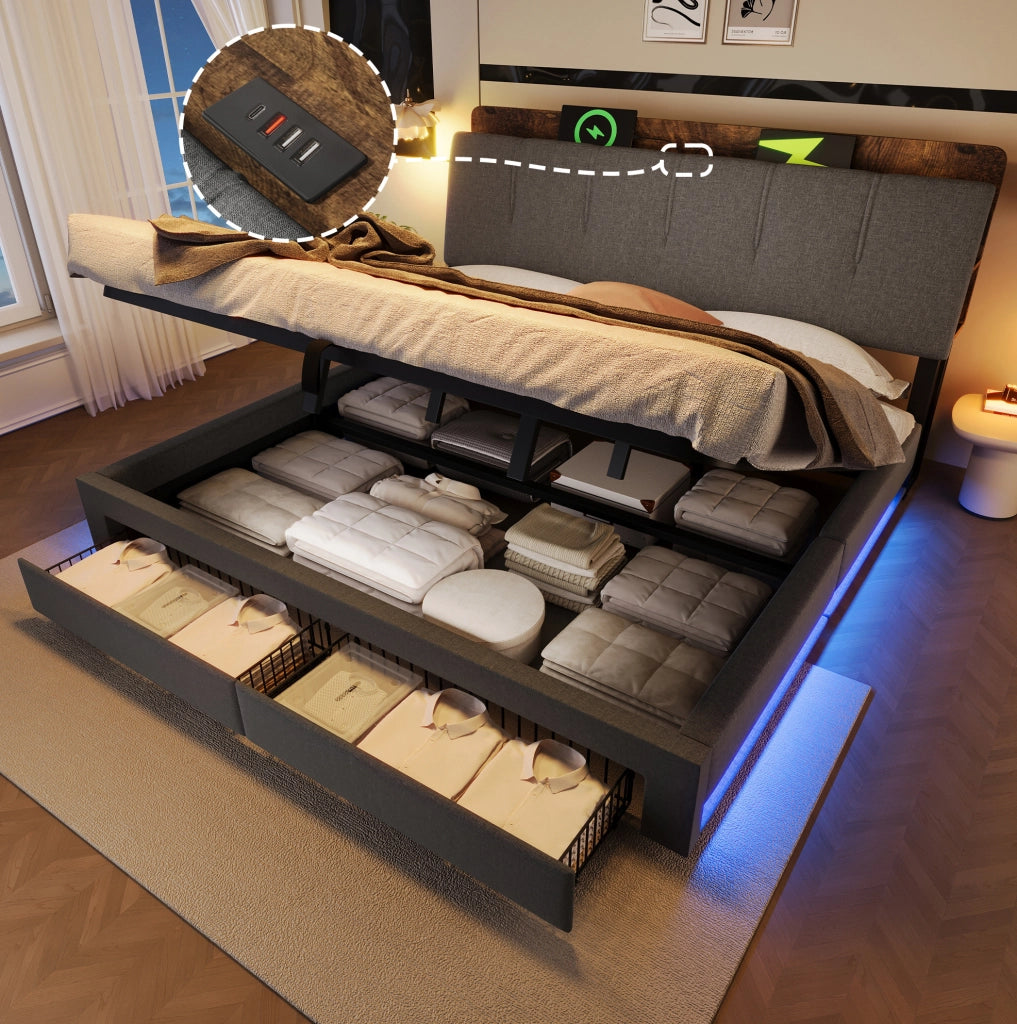 Letto imbottito 180x200 cm con contenitore idraulico, LED e USB-C