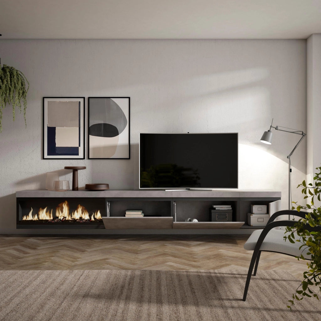 Mobile TV Soggiorno, 317x35x45cm, Camino elettrico XXL, da appendere, grigio cemento RF3667
