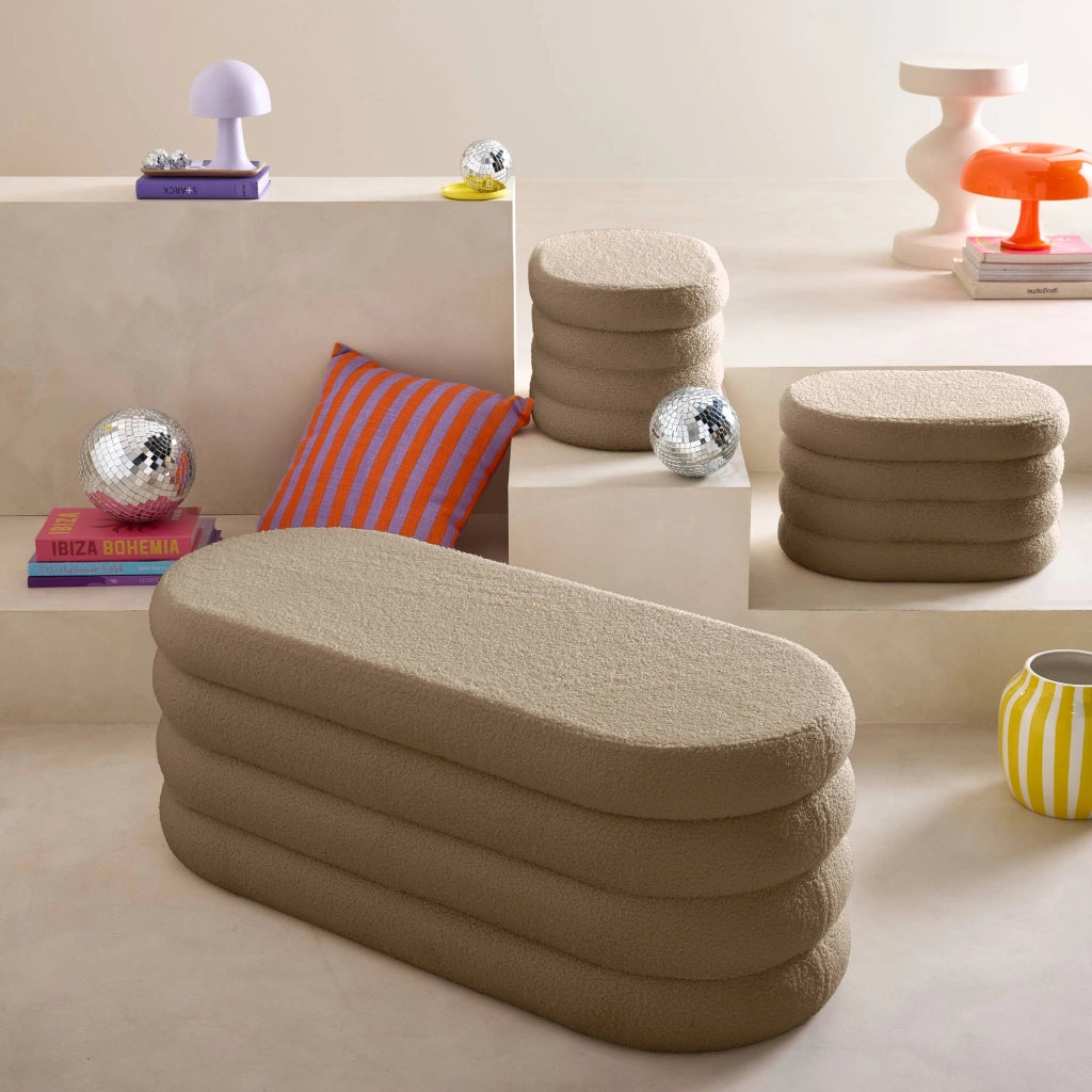 Panca contenitore con 2 pouf contenitori bouclé, talpa