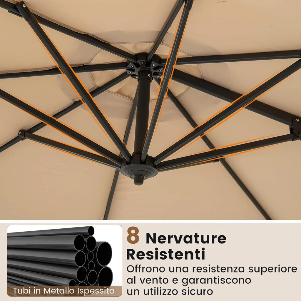 Ombrellone a Cantilever da Giardino 294 cm, Rotazione 360° e 5 Angoli Regolabili, 8 Stecche Base a Croce, Impermeabile, per Cortile Piscina Esterno (Beige)