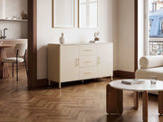 Credenza in acciaio color beige con cassetti, angoli arrotondati e maniglie dorate