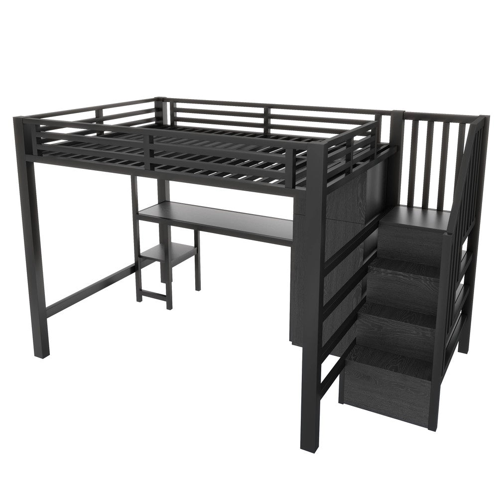 Letto a Soppalco con Scrivania, Scala, Armadio e Scaffale ¨C Xylo ¨C Metallo Nero 140x200