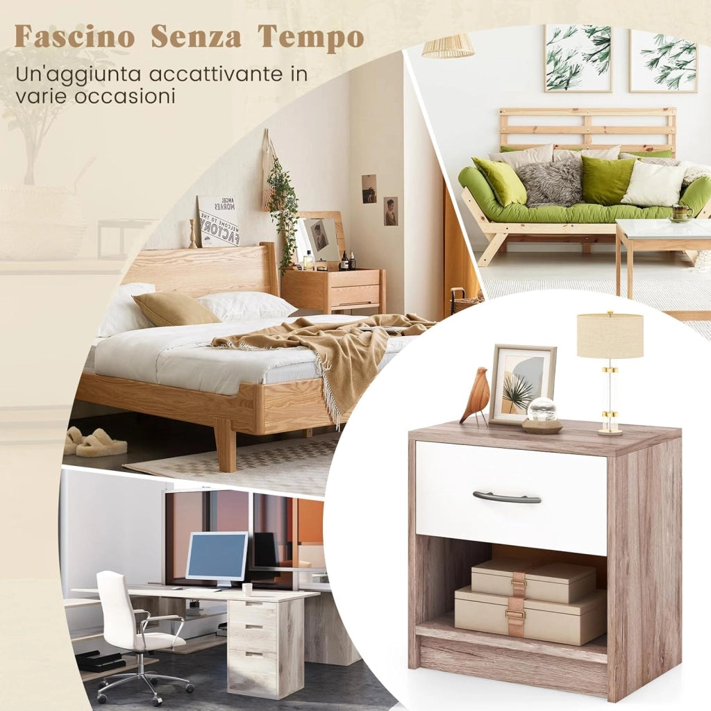 COSTWAY Comodino 38,5 x 28 x 40,5cm in Legno, Tavolino Salvaspazio con Scomparto Aperto e Casseto per Soggiorno e Camera da Letto (Naturale Scuro+Bianco)