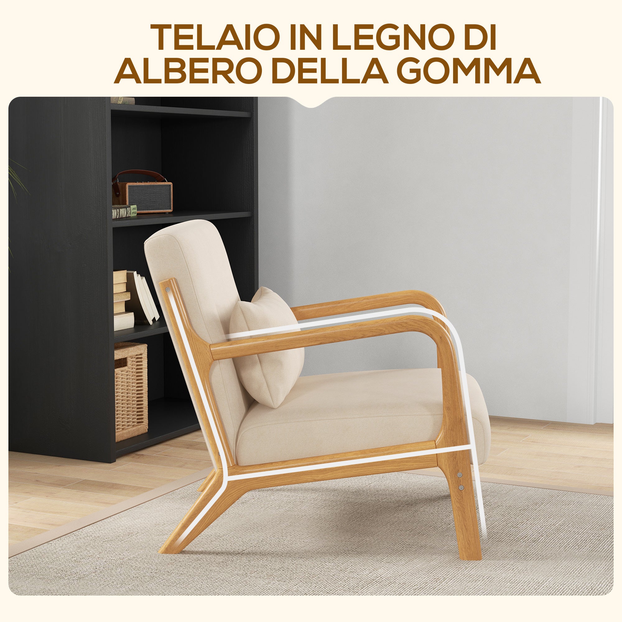 Poltrona in Stile Scandinavo 61x78x76 cm Struttura in Legno Rivestimento in Velluto Beige