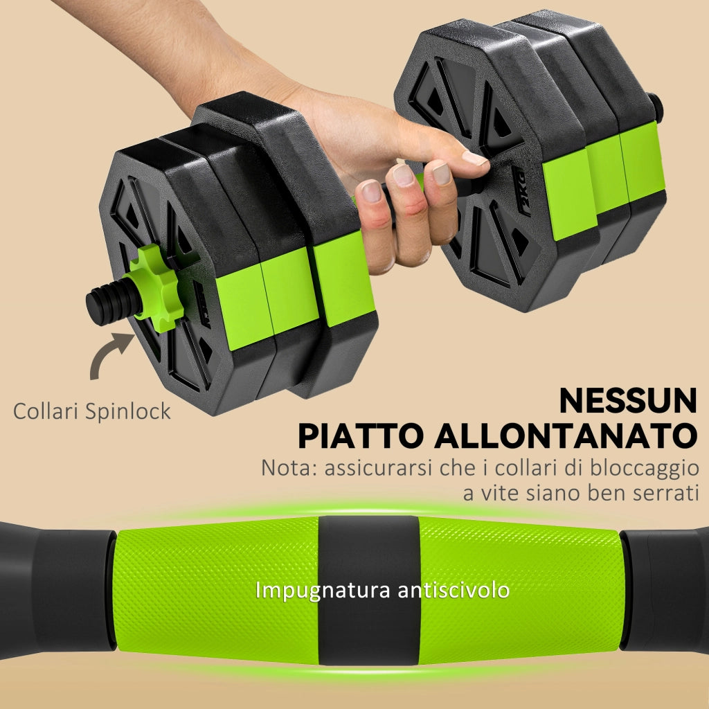 Set Pesi Palestra 6 in 1 Multifunzione da 20kg Totali 125x18x18 cm in Plastica e Sabbia Verde