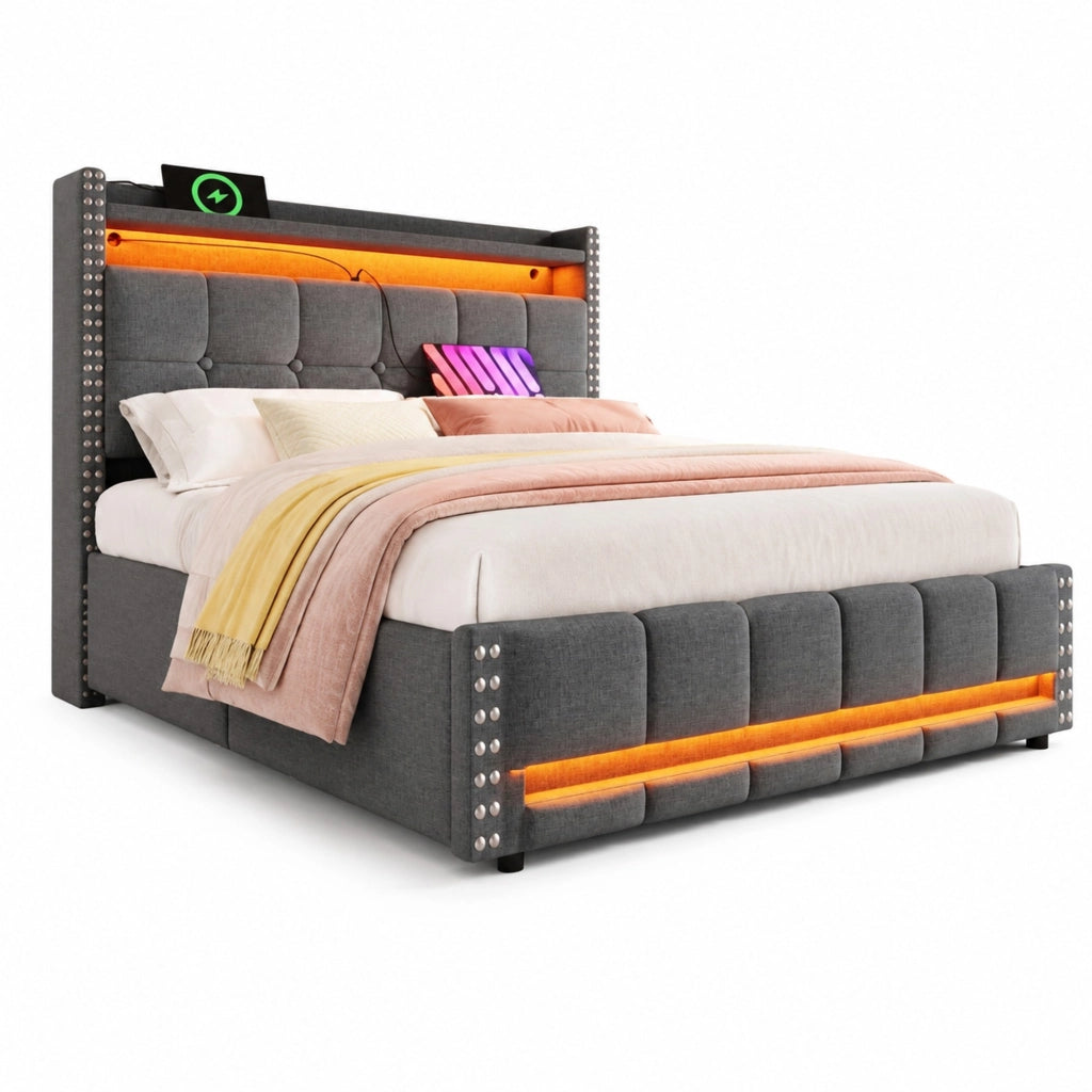 Letto matrimoniale imbottito 140x200 cm con LED e USB; contenitore e rivestimento in lino grigio