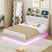 Letto Imbottito con LED e USB 140x200 ¨C MINIMAL ¨C Tessuto Beige
