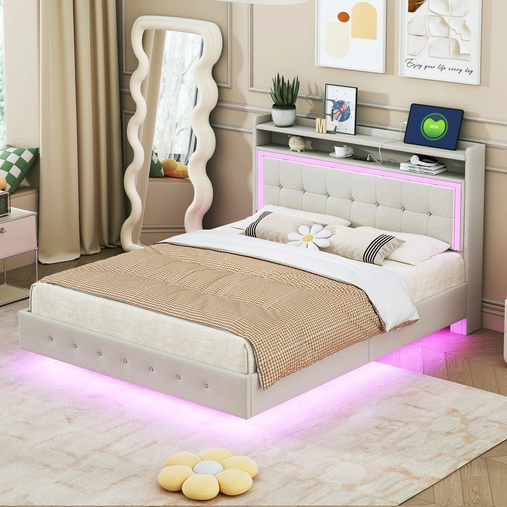 Letto Imbottito con LED e USB 140x200 ¨C MINIMAL ¨C Tessuto Beige