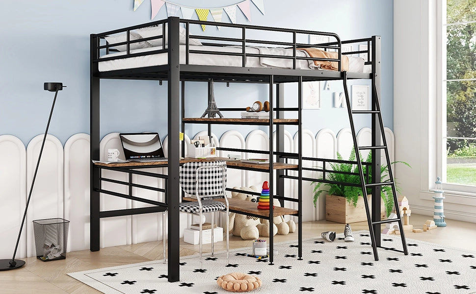 LETTO a soppalco 90x200 cm in metallo nero con scrivania, ripiani, scala e sponde