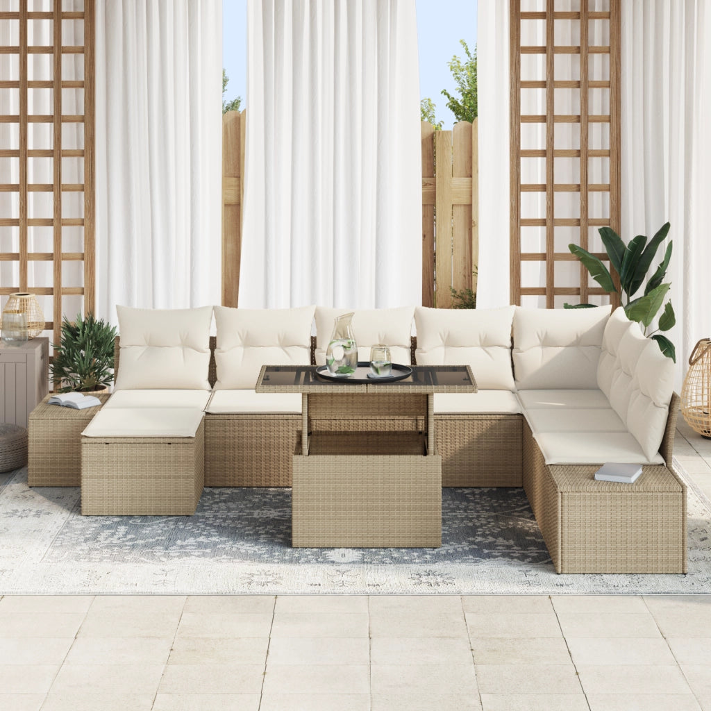 Set da giardino 9 pezzi con cuscini beige in polirattan