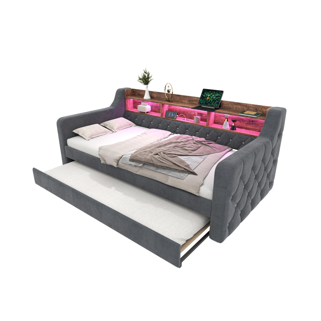 Letto estraibile 90 × 190 cm con contenitore, USB Type-C e LED regolabile, senza materasso, in velluto grigio scuro