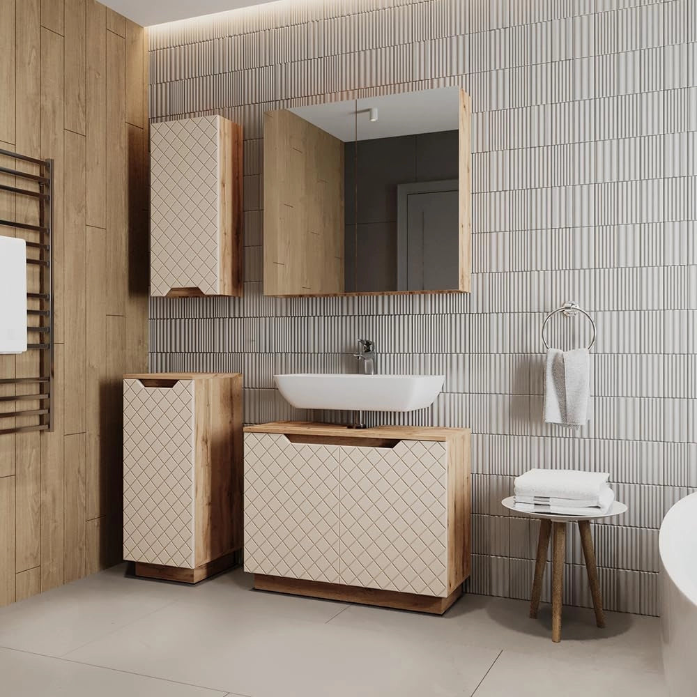 Set di mobili da bagno Lotta, Rovere/cashmere con struttura in piastrelle, 4 parti