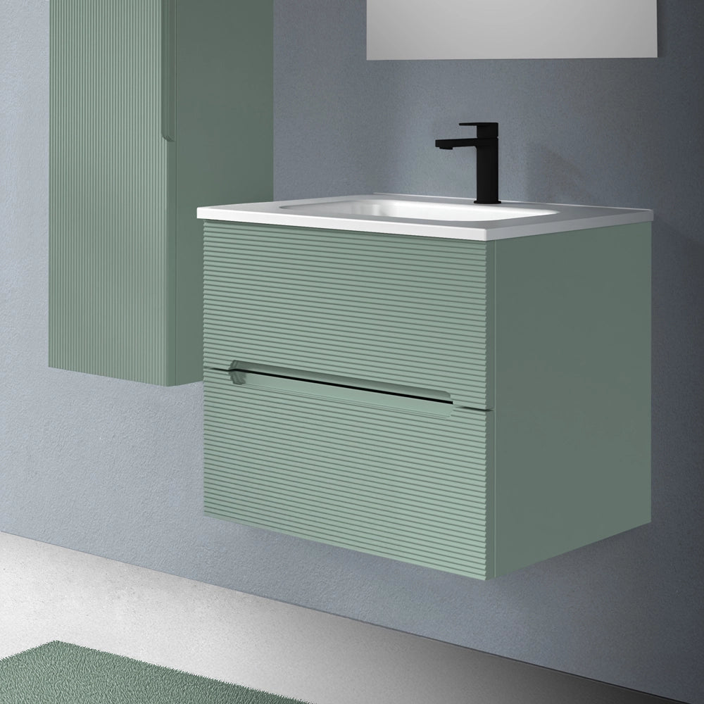 Mobile bagno sospeso 60 verde cannettato 2 cassetti lavabo e specchio Rigo