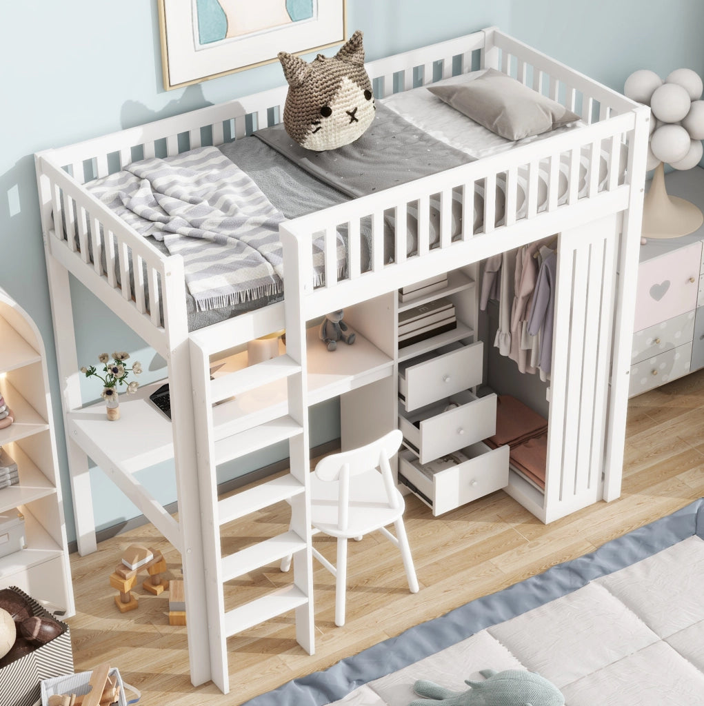 Letto a soppalco 90x200 cm bianco con scrivania e armadio
