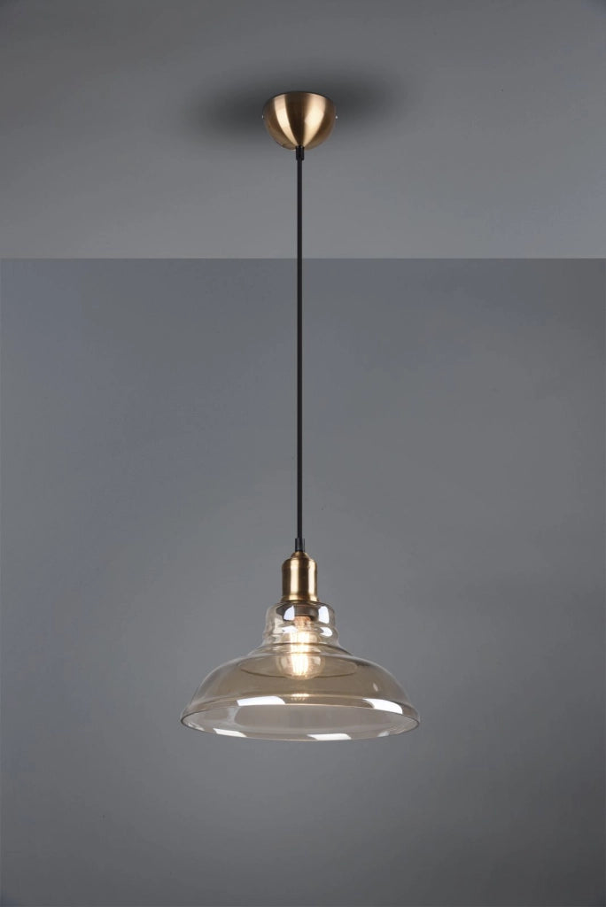 ALDO SOSPENSIONE VETRO CAMPANA AMBRA MONTATURA OTTONE ANTICATO D. 28CM 1 LUCE ATTACCO E27