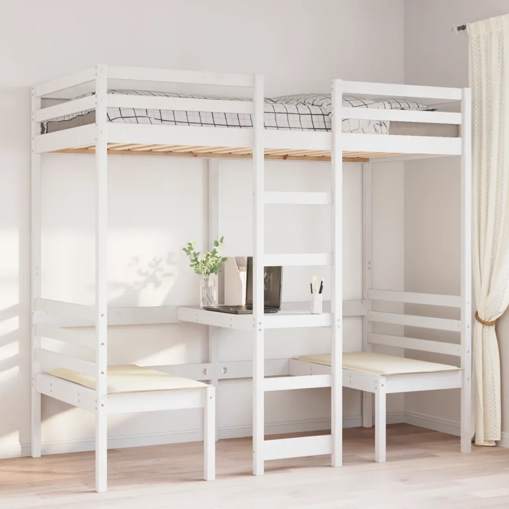 Giroletto Soppalco con Scrivania e Sedie-Struttura Letto Bianco 80x200cm Pino