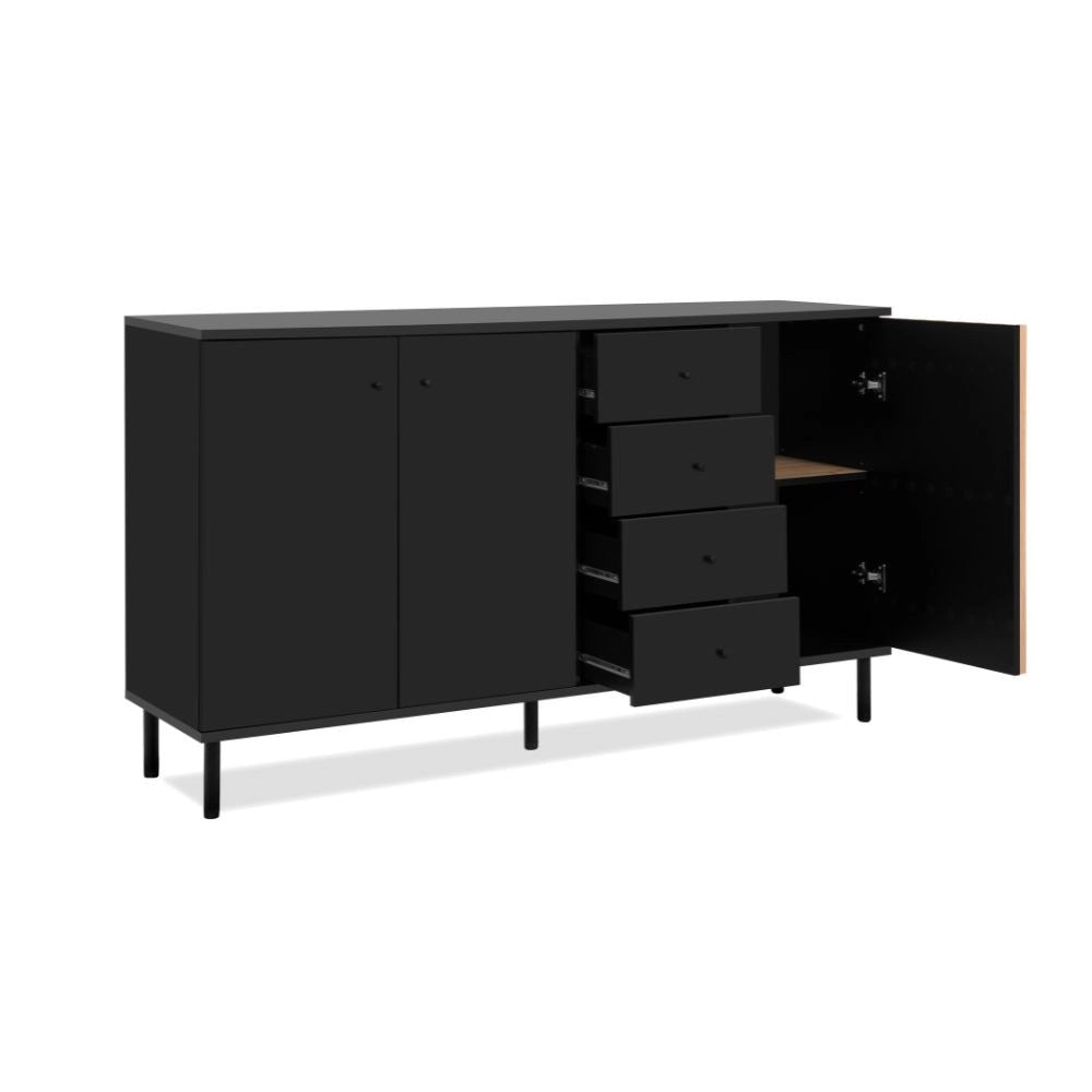 Madia moderna 3 ante e 4 cassetti nero con listelli rovere Monza 51C 160x40x90H