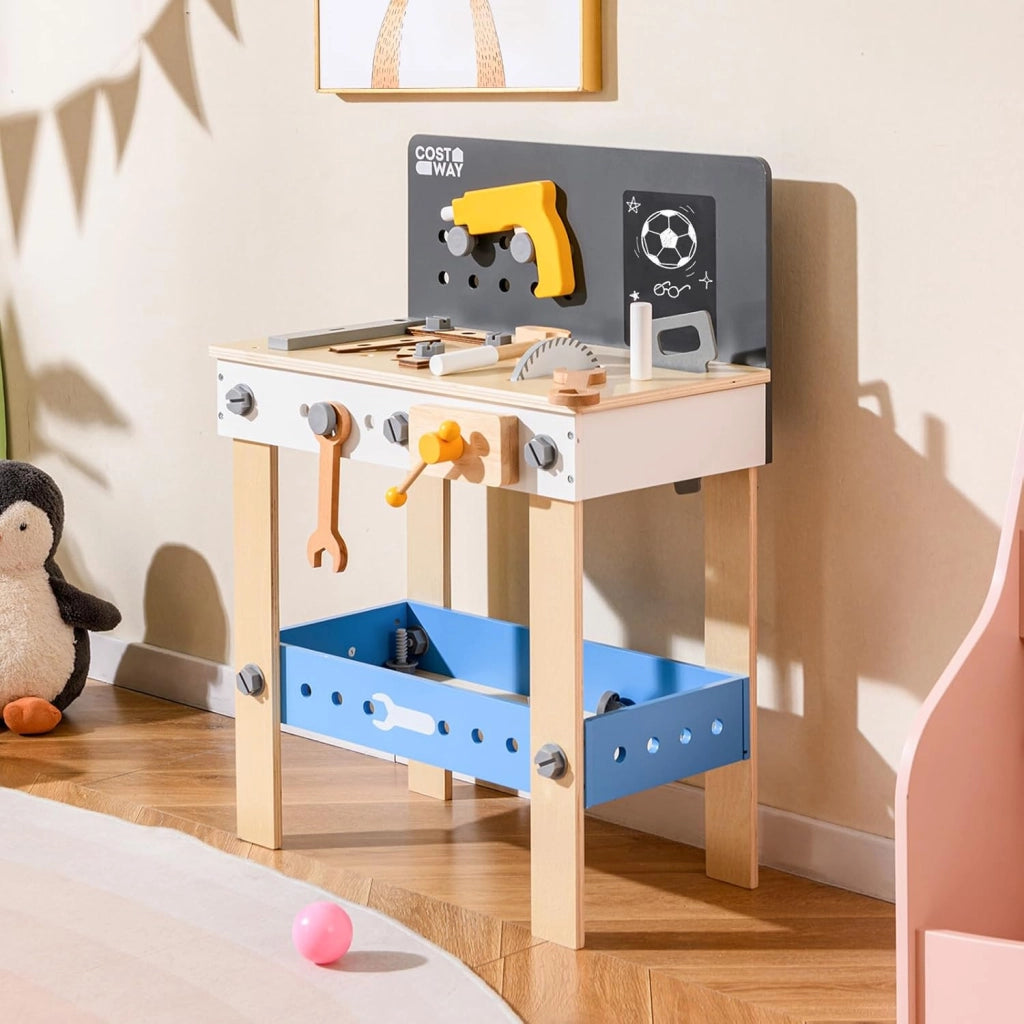 Banco Lavoro Bambini con Set di Attrezzi, Banco da Gioco in Legno con Lavagna e Strumenti da Lavoro, Piano di Lavoro con Trapano, Martello e Chiavi, 51 x 28 x 72 cm, per Bambini 3 + Anni
