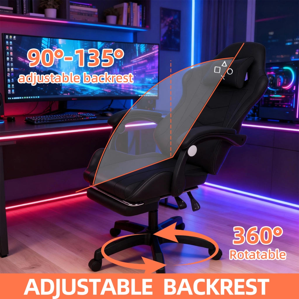 Clutch - Sedia da Gaming Ergonomica con Cuscino Lombare Poggiatesta e Poggiapiedi in PVC Nera