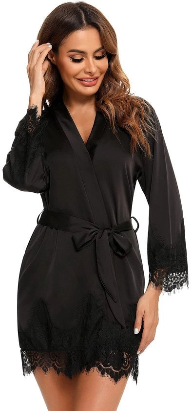 Kimono da Sposa per Fidanzate con Tessuto Satinato e Cintura in Seta, Nero, XL
