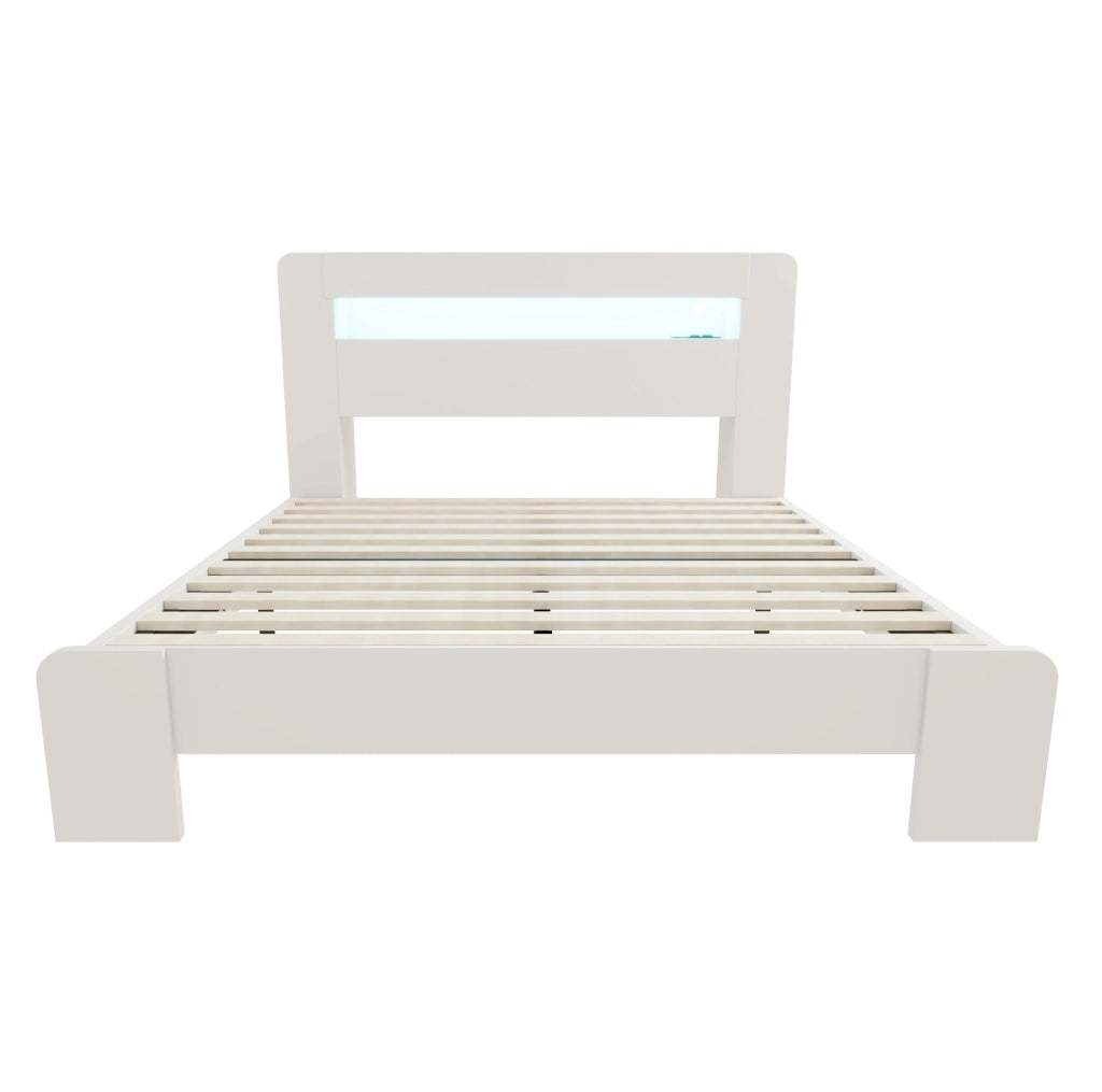 Letto ULEVR 140x200 cm con testiera contenitore, LED e prese integrate, bianco