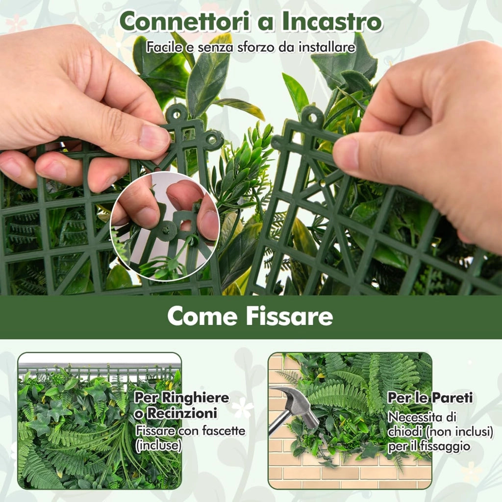Pianta Finta 50 x 50 cm 4 Pezzi, Piante Artificiali da Interno ed Esterno, 4 Tappetini Erbosi Finti con Foglie Diverse per Decorazione da Giardino e Salotto