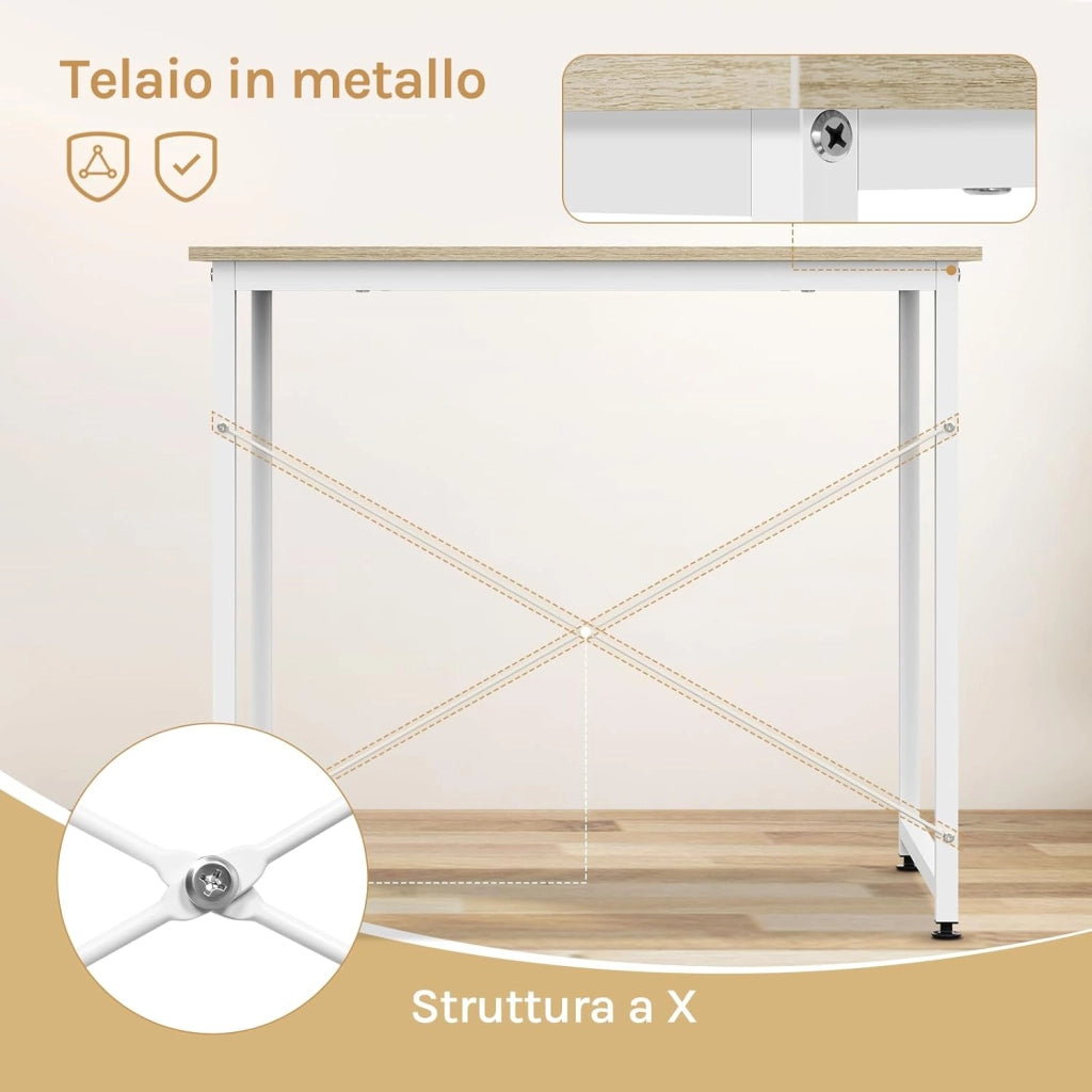 Scrivania Salvaspazio, Tavolo per Computer, Rovere Chiaro + Bianco per Studio, Home Office, Camera da Letto, in Legno e Metallo, 80x60x70 cm