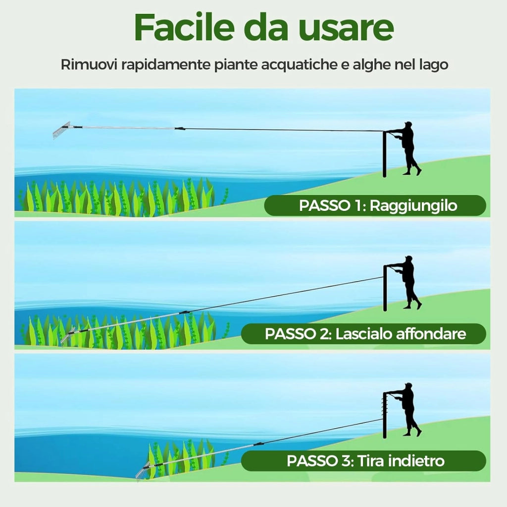 Rastrello da Lago in Alluminio, Rastrello da Giardino 36 Denti con Testa del Rastrello 92 cm, Manico Telescopico Regolabile e 600 cm Corda da Lancio per Ambienti Terra/Acqua, 230 x 92 cm