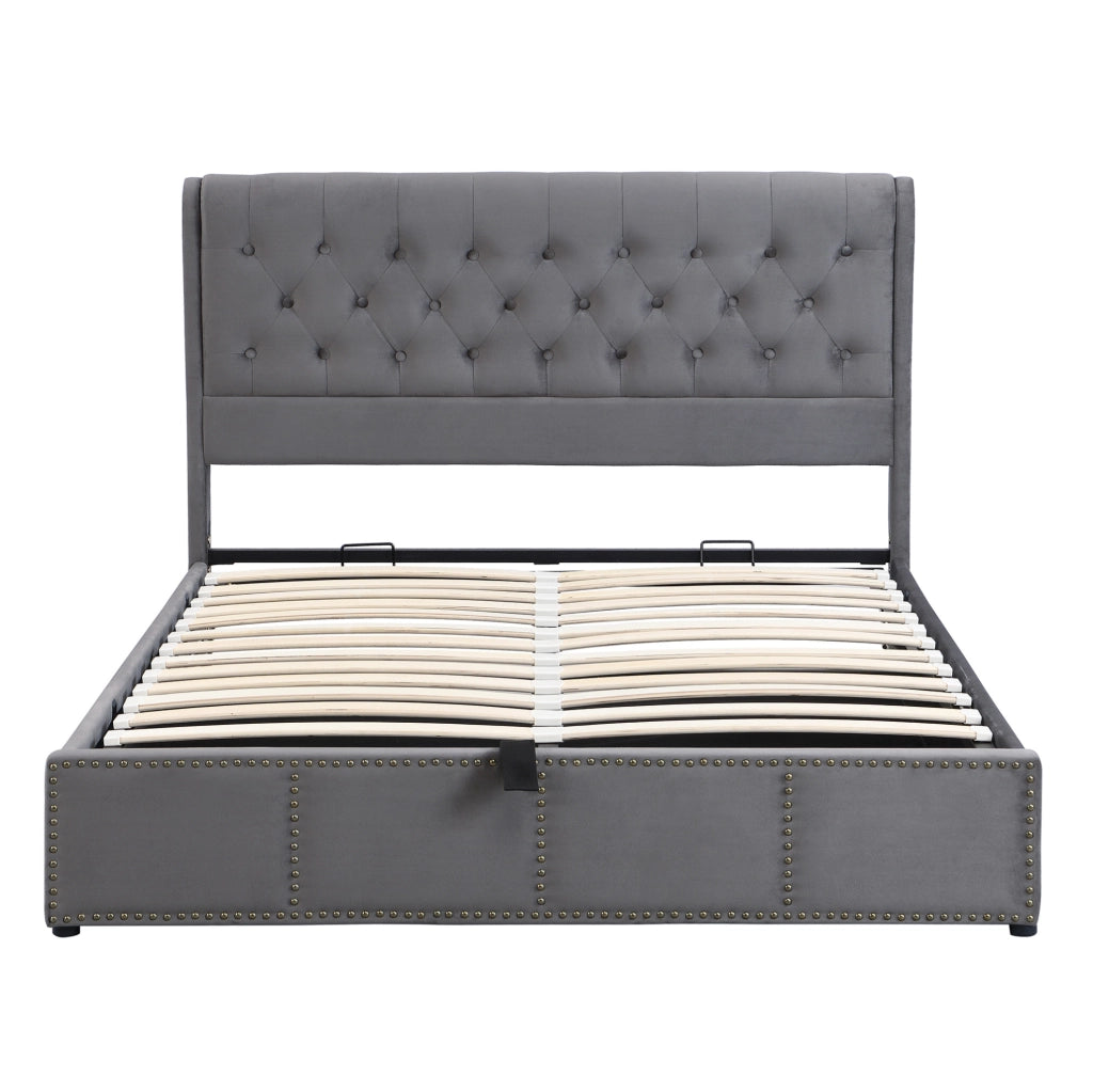 Letto contenitore imbottito in velluto grigio 140x190 cm