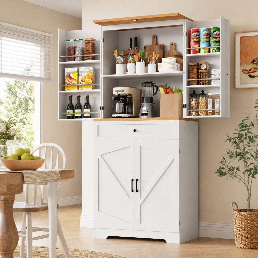 Dispensa alta con ripiani aperti e cassetti in MDF bianco per cucina soggiorno e lavanderia 80 × 40 × 180 cm
