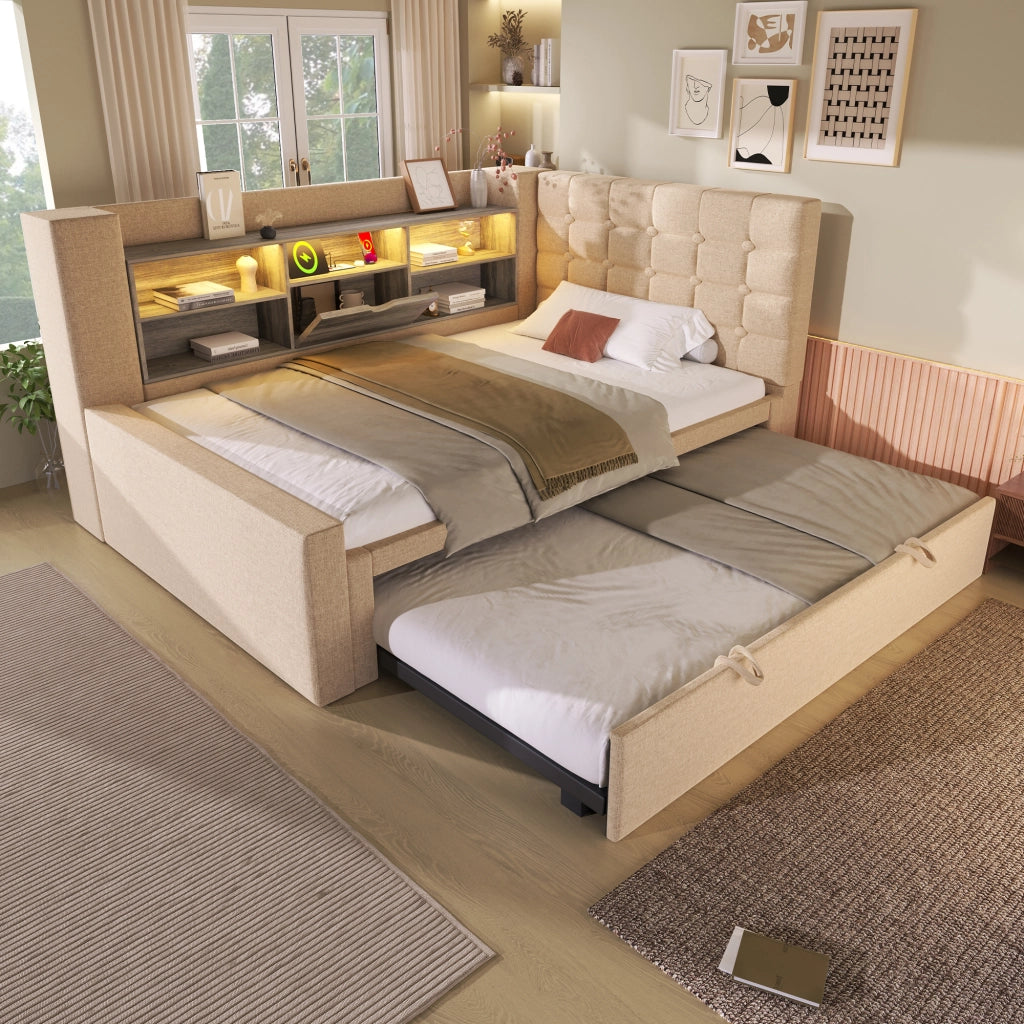 LETTO CONTENITORE 90x200 cm Beige in lino con LED e letto estraibile