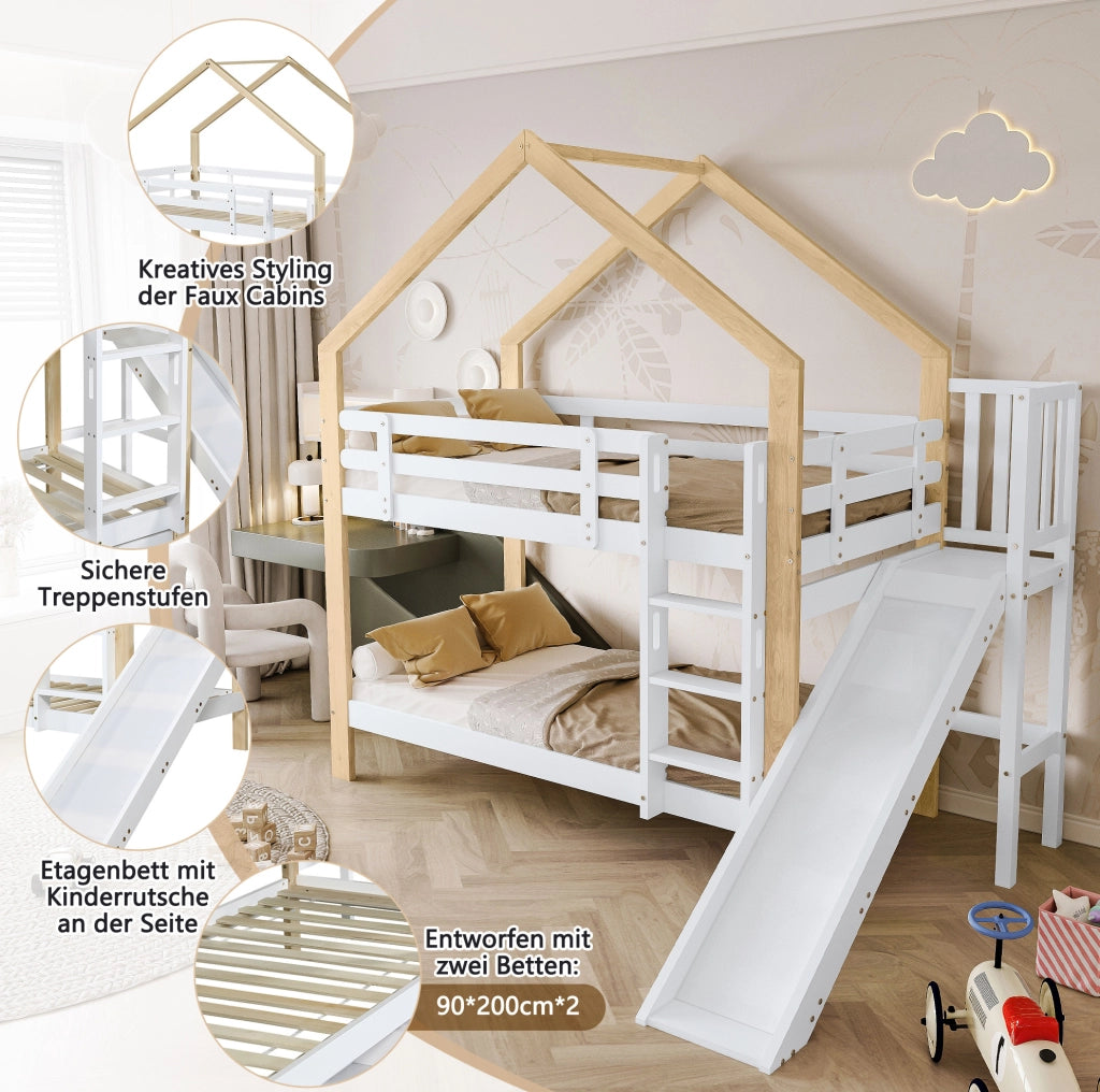 Letto a castello per bambini a casetta con scivolo 90x200 cm