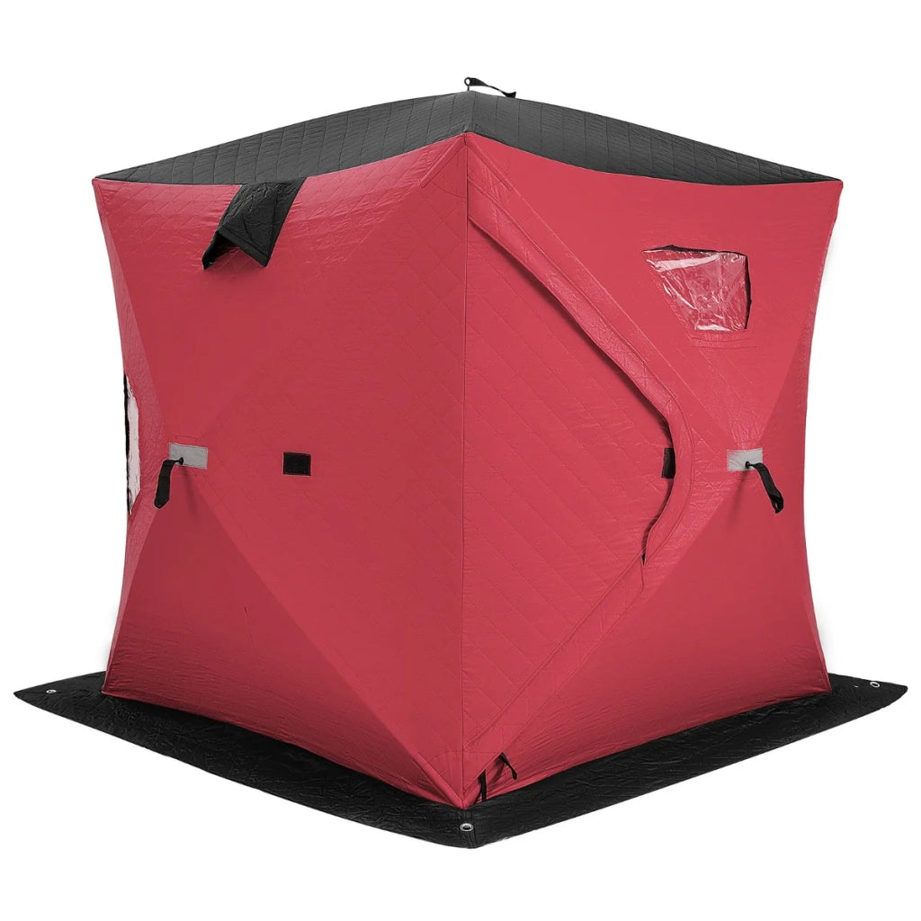 Tenda da pesca sul ghiaccio 2 m x 2 m riparo portatile isolato con finestra con cerniera moderna e resistente al vento in tessuto Oxford rosso 20_0017373
