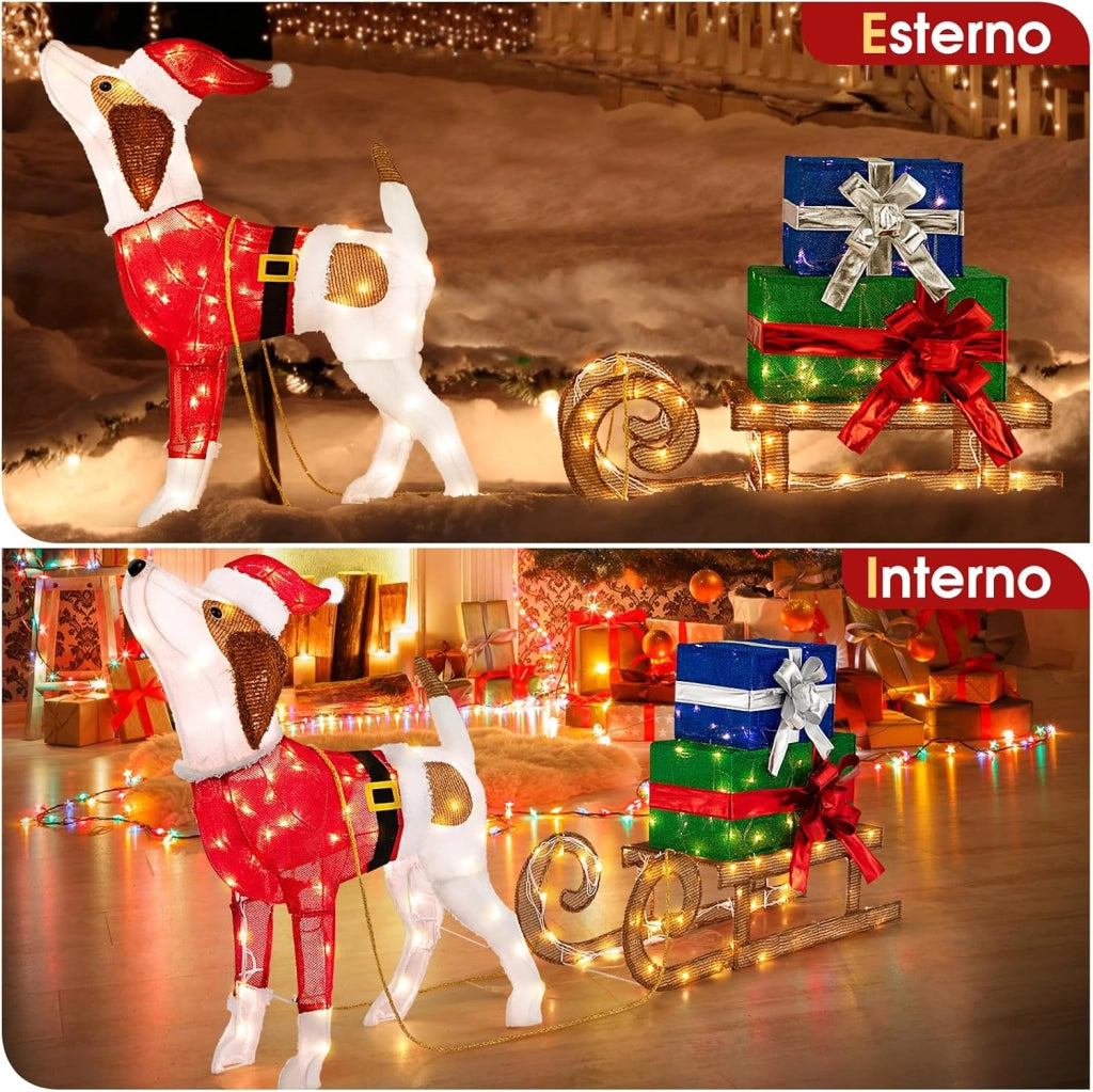Decorazioni Natalizie Illuminate di Cane e Slitta, Luci Natalizie a Forma di Cane da Esterno Interno, Decorazione Natalizia Festosa con 170 Luci LED per Giardino e il Cortile