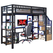 Letto a soppalco 90 x 200 cm con scrivania integrata; scala contenitore; ferro e MDF; nero