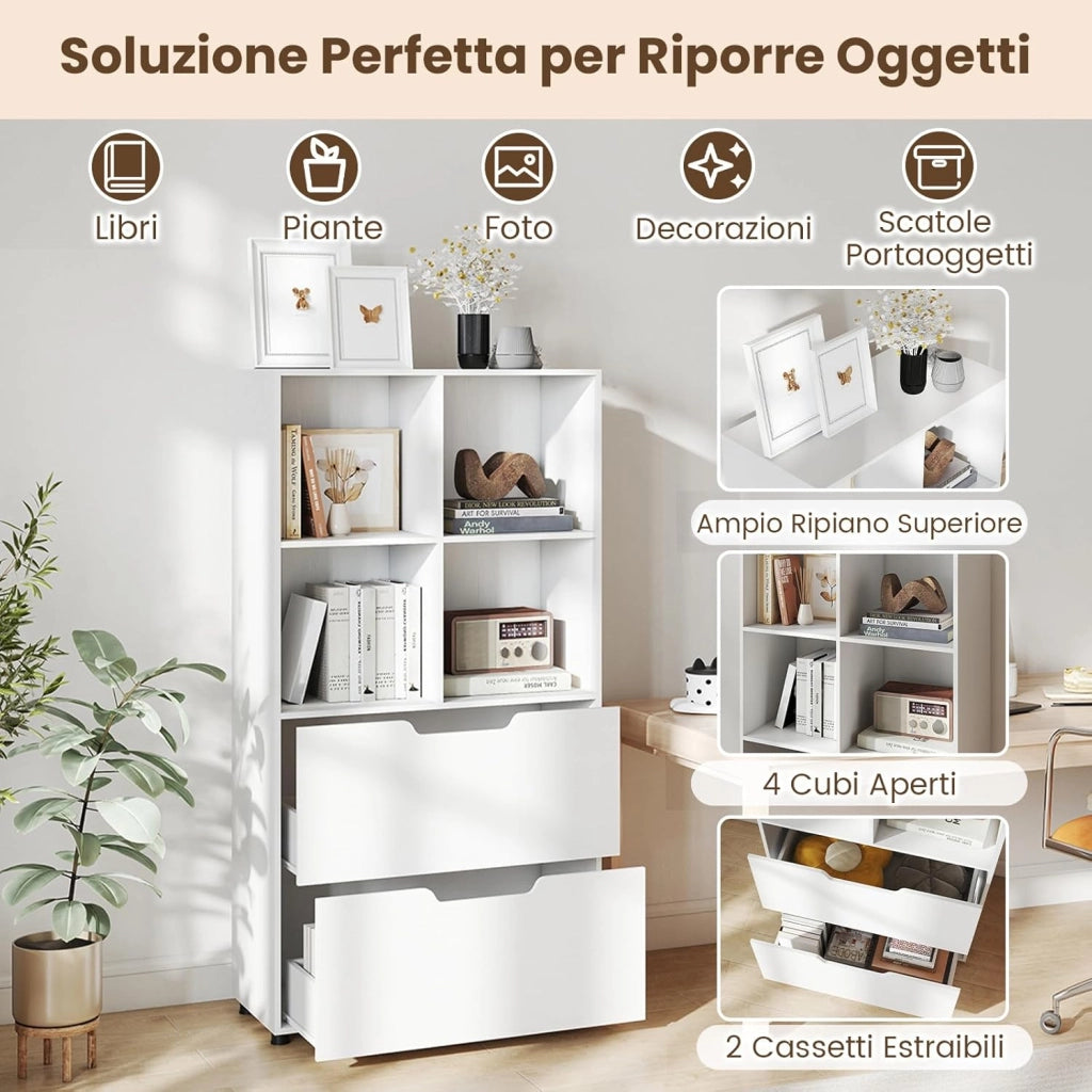 Libreria a 4 Cubi con 2 Cassetti, Scaffale Alto a 5 Ripiani da 130 cm, Libreria Moderna a Cubi Aperti, Organizer in Legno per Soggiorno, Studio, Ufficio Domestico (Bianco)