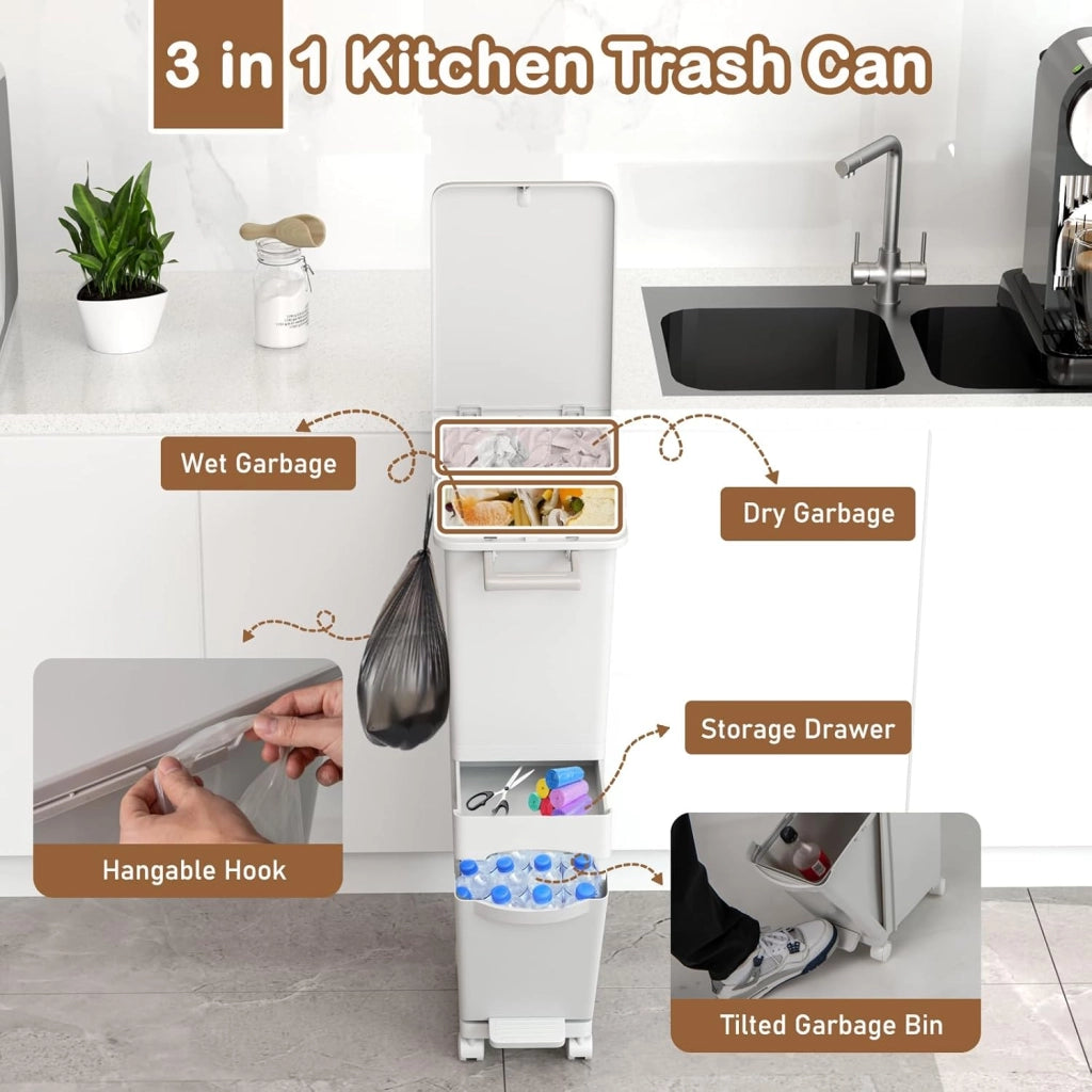 Pattumiera Tri Selectif da 32L per Cucina, 3-in-1 con 2 Contenitori Estraibili, Cassetti, Pedale e Ruote, Include Adesivi per Raccolta Rifiuti (Bianco)